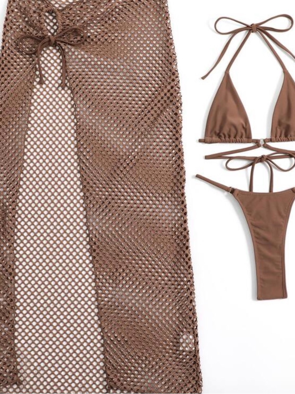 Brown Triangle Bikini Set with Mesh Cover-Up
